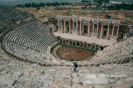 Ancient Roman amphitheater made of stone under the open sky in Pamukkale in Turkeyの写真素材
