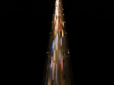 Aerial view from drone on the road with cars at nightの写真素材