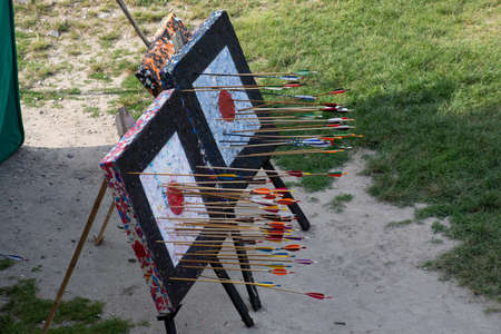 Many medieval arrows hit the targetの写真素材