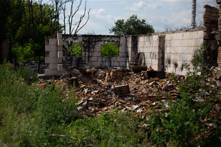 Destroyed houses after fires and artillery and bombs during russias invasion of Ukraine