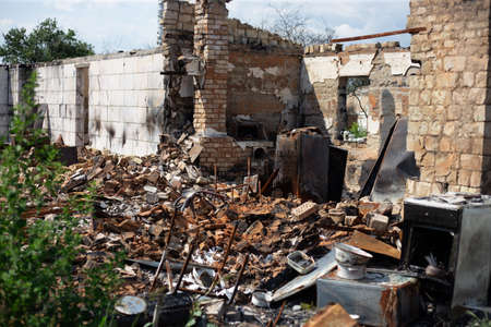 Destroyed houses after fires and artillery and bombs during russias invasion of Ukraine