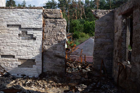 Destroyed houses after fires and artillery and bombs during russias invasion of Ukraine