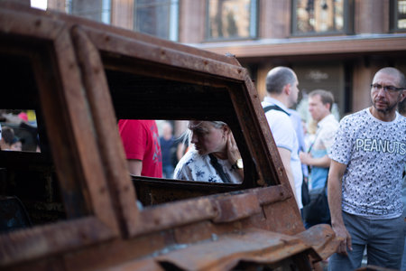 Kyiv, Ukraine August 22, 2022 Exhibition of broken and burned Russian tanks on the main street of Kiev Khreschatyk for Independence Dayのeditorial素材