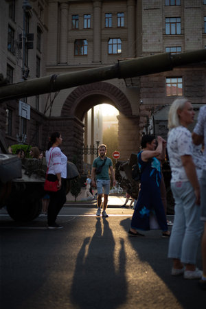 Kyiv, Ukraine August 22, 2022 Exhibition of broken and burned Russian tanks on the main street of Kiev Khreschatyk for Independence Dayのeditorial素材