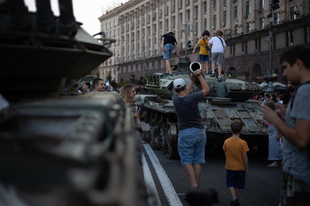 Kyiv, Ukraine August 22, 2022 Exhibition of broken and burned Russian tanks on the main street of Kiev Khreschatyk for Independence Dayのeditorial素材