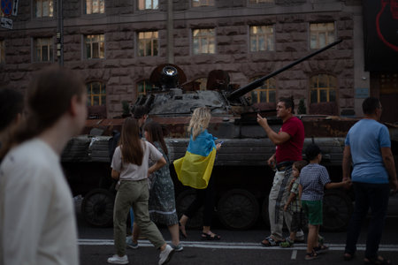 Kyiv, Ukraine August 22, 2022 Exhibition of broken and burned Russian tanks on the main street of Kiev Khreschatyk for Independence Dayのeditorial素材