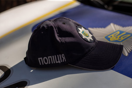 Hat of the ukrainian policeman with sign Police in ukrainian laguage and logo of police department