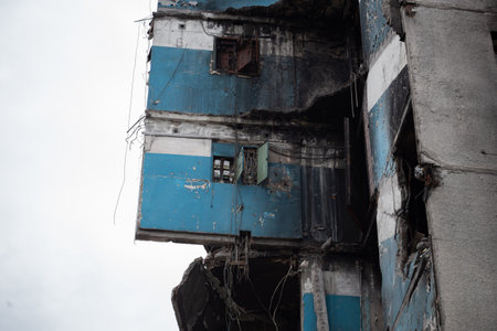 Destroyed multi-storey buildings in the city of Borodyanka, Kyiv region after the beginning of...