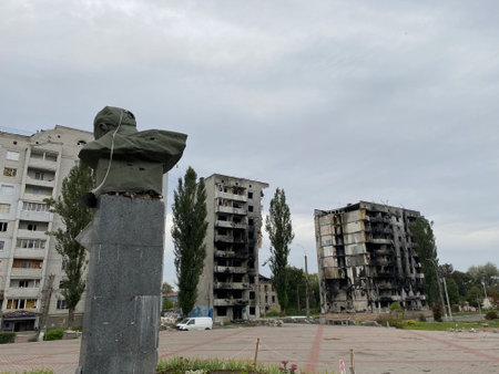 Borodyanka, Ukraine 2022: Destroyed and damaged residential buildings in Borodyanka after Russias invasion of Ukraineのeditorial素材