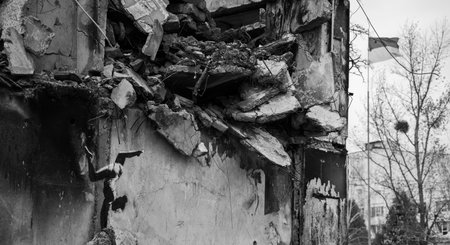 Borodyanka, Kyiv region 11.12.2022 The work of the mural of Banksy on the wall of a destroyed houseのeditorial素材