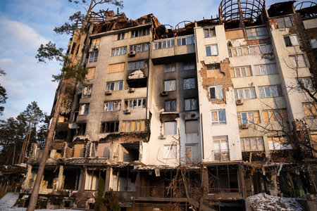 03.02.2023 Bucha, Kyiv, Ukraine: Destroyed buildings in the city after bombs and missiles attacks in the townのeditorial素材