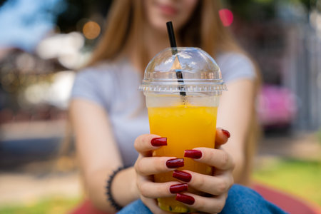 A woman's hands with red nail polish holding a clear cup of orange juice with a blurred background, emphasizing a moment of relaxation and enjoyment.の写真素材