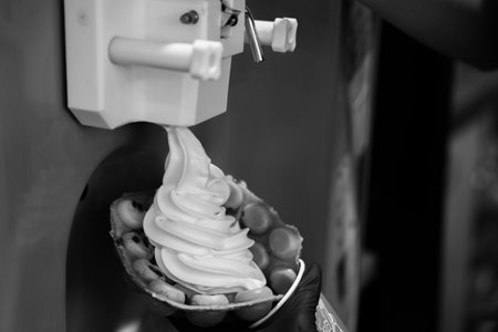 Black and white image of soft serve ice cream swirling into a waffle bowl.の写真素材