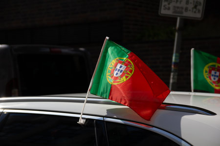 A group of enthusiastic fans waving Portuguese flags at an outdoor event, showcasing national pride under a bright sky.の写真素材