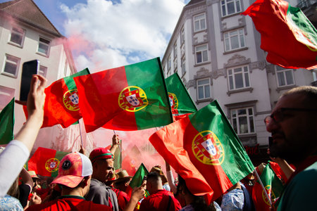 Hamburg, Germany - July 5, 2024: Portuguese fans celebrating Euro 2024 in the streets of the cityのeditorial素材