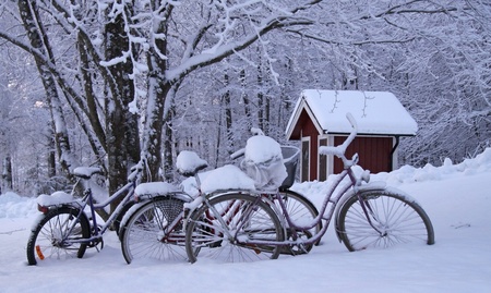 Bicycles in the snowの写真素材