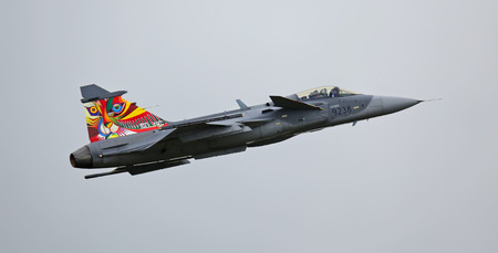 Air Force Base LAAGE, GERMANY - AUGUST 23: Saab JAS 39 Gripen jet during flight demonstration on 23 ...