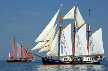 PORT WARNEMUENDE, GERMANY - August 6, 2015 Old sailing ship Albert Johannes Netherland is sailing near Rostock-Warnemnde on August 6, 2015 in the scope of the 25th Hanse Sail Rostock - Mecklenburg-Vorpommern, Germanyのeditorial素材