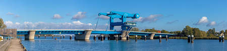 Bascule Bridge "Blaues Wunder" over the Peenestrom in Wolgast (Germany) - panoramic viewの写真素材