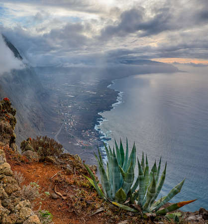 Panoramic view into Valley "El Golfo" from Mirador La Pena at El Hierro, Canary Islands in duskの写真素材