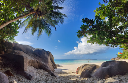 Entrance to Anse Georgette Beach, Praslin, Seychellesの写真素材
