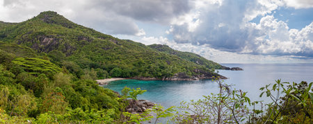 Panoramic view of Beach Anse Major (Mahe, Seychelles) from Point de Vue sur Anse Majorの写真素材