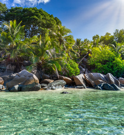 Morning light at Anse Severe Beach, La Digue, Seychellesの写真素材