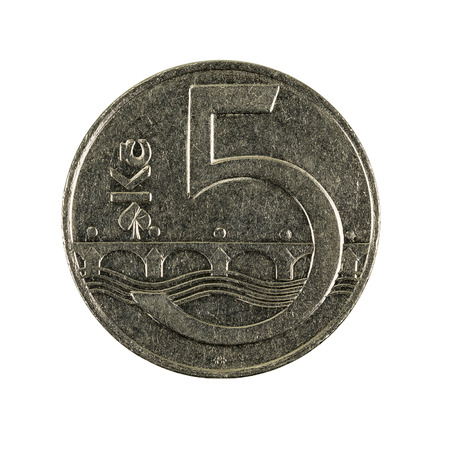 five czech krone coin (1995) isolated on white backgroundの写真素材