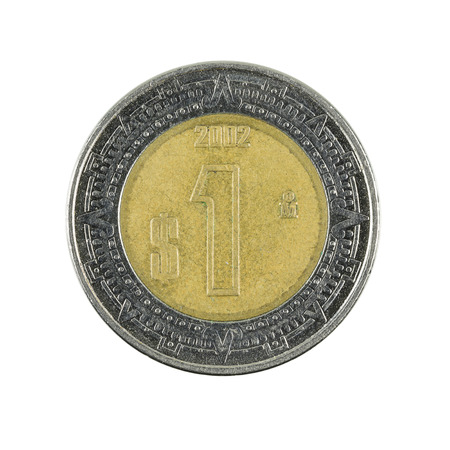 one mexican peso coin (2002) isolated on white backgroundの写真素材