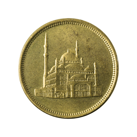 10 egyptian piastre coin reverse isolated on white backgroundの写真素材