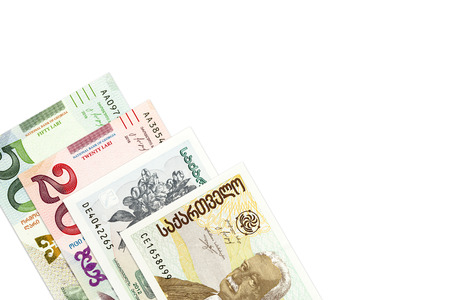 heap of georgian lari bank notes background forming backgroundの写真素材