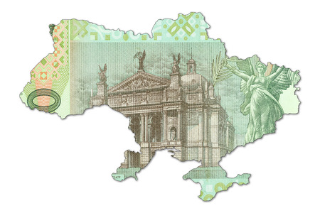20 ukrainian hryvnia bank note in shape of ukraineの写真素材