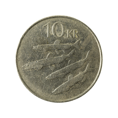 10 icelandic krona coin (1984) obverse isolated on white backgroundの写真素材