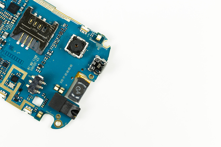 blue circuit board from smartphone with camera next to sim card slot