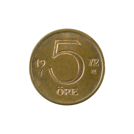 5 swedish oere coin (1972) obverse isolated on white backgroundの写真素材