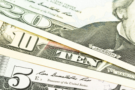 detail of 5, 10 and 20 us-dollar bank note obverse