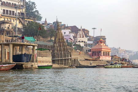 temples and palaces on the ghats at Ganges river, Varanasi, Uttar Pradesh, Indiaのeditorial素材