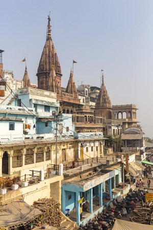 temples and palaces at ghats at the banks of Ganges river, Varanasi, Uttar Pradesh, Indiaのeditorial素材