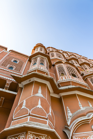 detailed view of red and pink sandstone facade of Hawa Mahal, Palace of Winds, Palace of the Breeze, Jaipur, Rajasthan, Indiaのeditorial素材