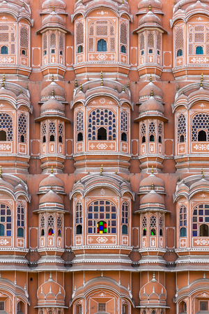 detailed view of red and pink sandstone facade of Hawa Mahal, Palace of Winds, Palace of the Breeze, Jaipur, Rajasthan, Indiaのeditorial素材