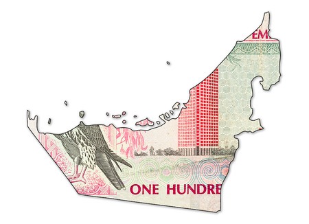 100 united arab emirates dirham bank note full frame reverse in shape of uaeの写真素材
