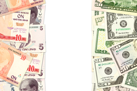 turkish lira and american dollar banknotes indicating bilateral economic relationsの写真素材