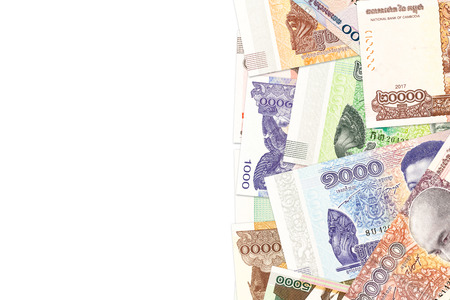 some new cambodian riel banknotes indicating growing economics with copy spaceの写真素材