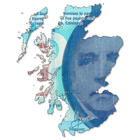 5 Pounds Sterling note issued by Bank of Scotland reverse in shape of Scotland