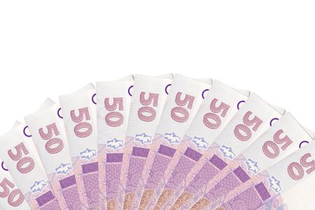 some ukrainian 50 hryvnia banknotes indicating growing economics with copyspace above
