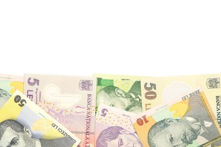 some romanian leu banknotes indicating growing economics with copyspace above