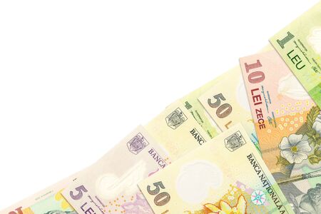 some romanian leu banknotes indicating growing economics with copyspace on the left