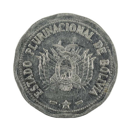2 bolivian boliviano coin (2010) reverse isolated on white backgroundの写真素材