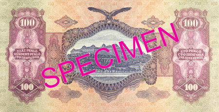 historic 100 hungarian pengo banknote (1930) reverse specimenの写真素材