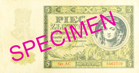 historic 5 polish zloty banknote (1941) obverse specimenの写真素材
